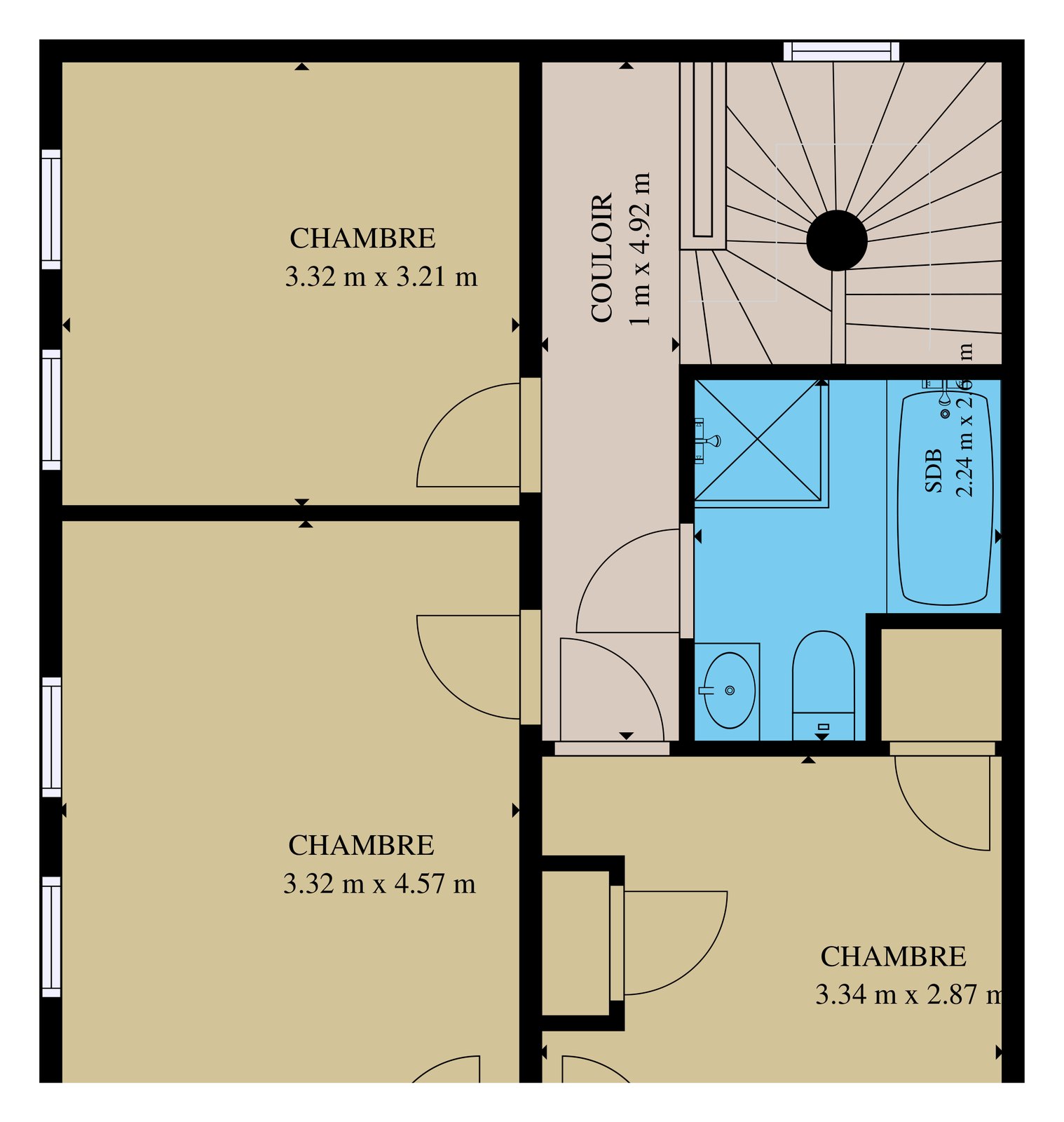 Plan de l'étage : trois chambres, couloir, salle de bains avec baignoire et douche.